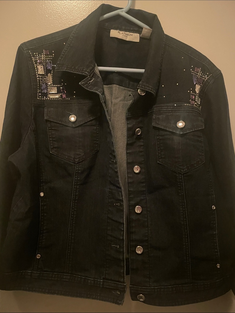 Chico's  Navy Blue Denim Jacket with Purple & Silver Embellishments